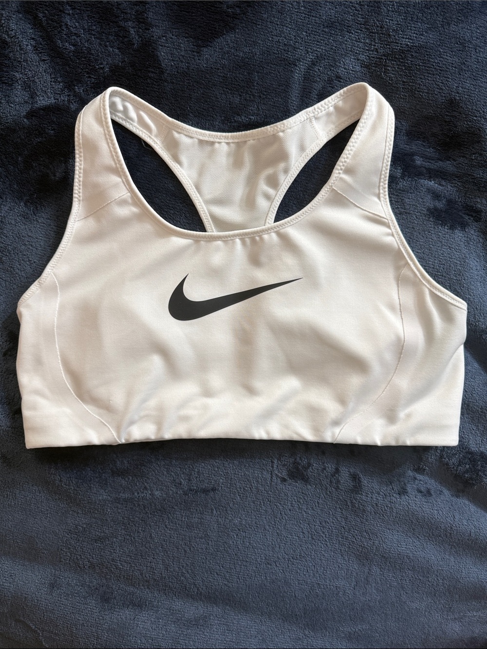 Nike Dri-Fit High Support White Sports Bra with Black Swoosh Logo